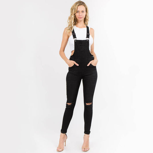Distressed Denim Skinny Overalls