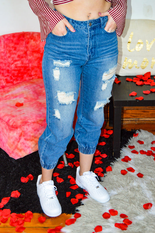 Distressed Denim Jogger Pants