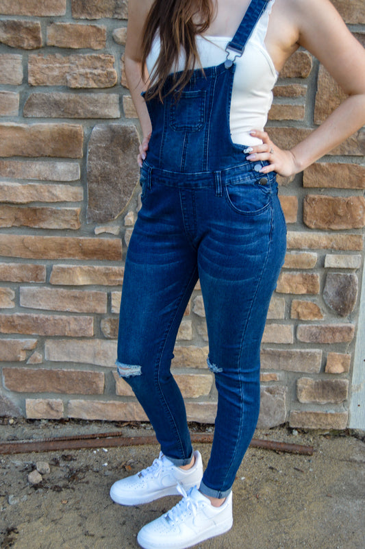 Junior Distressed Denim Skinny Overalls (2 Colors)