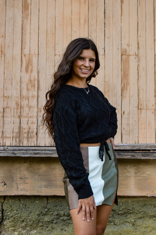 Black Cable Knit Cropped Sweater