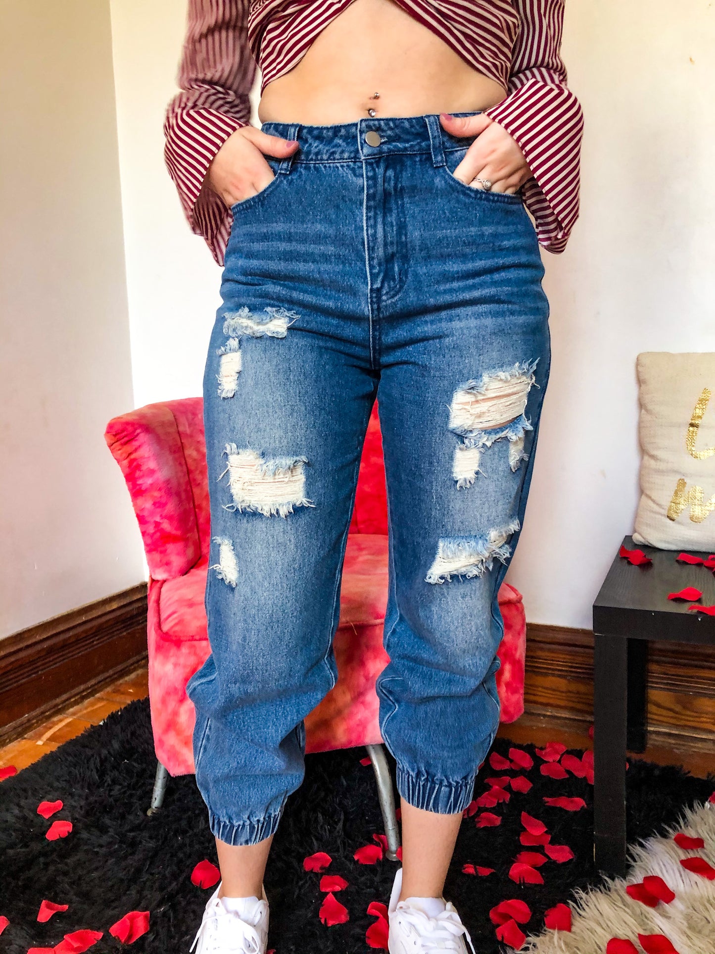 Distressed Denim Jogger Pants