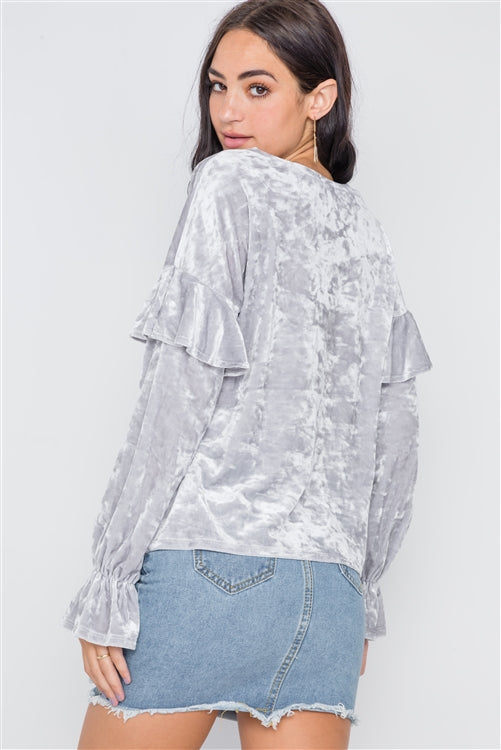Crushed Velvet Long Ruffle Sleeve Top