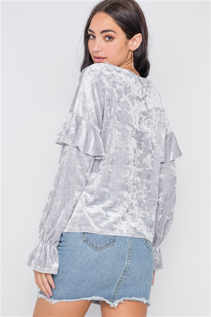 Crushed Velvet Long Ruffle Sleeve Top