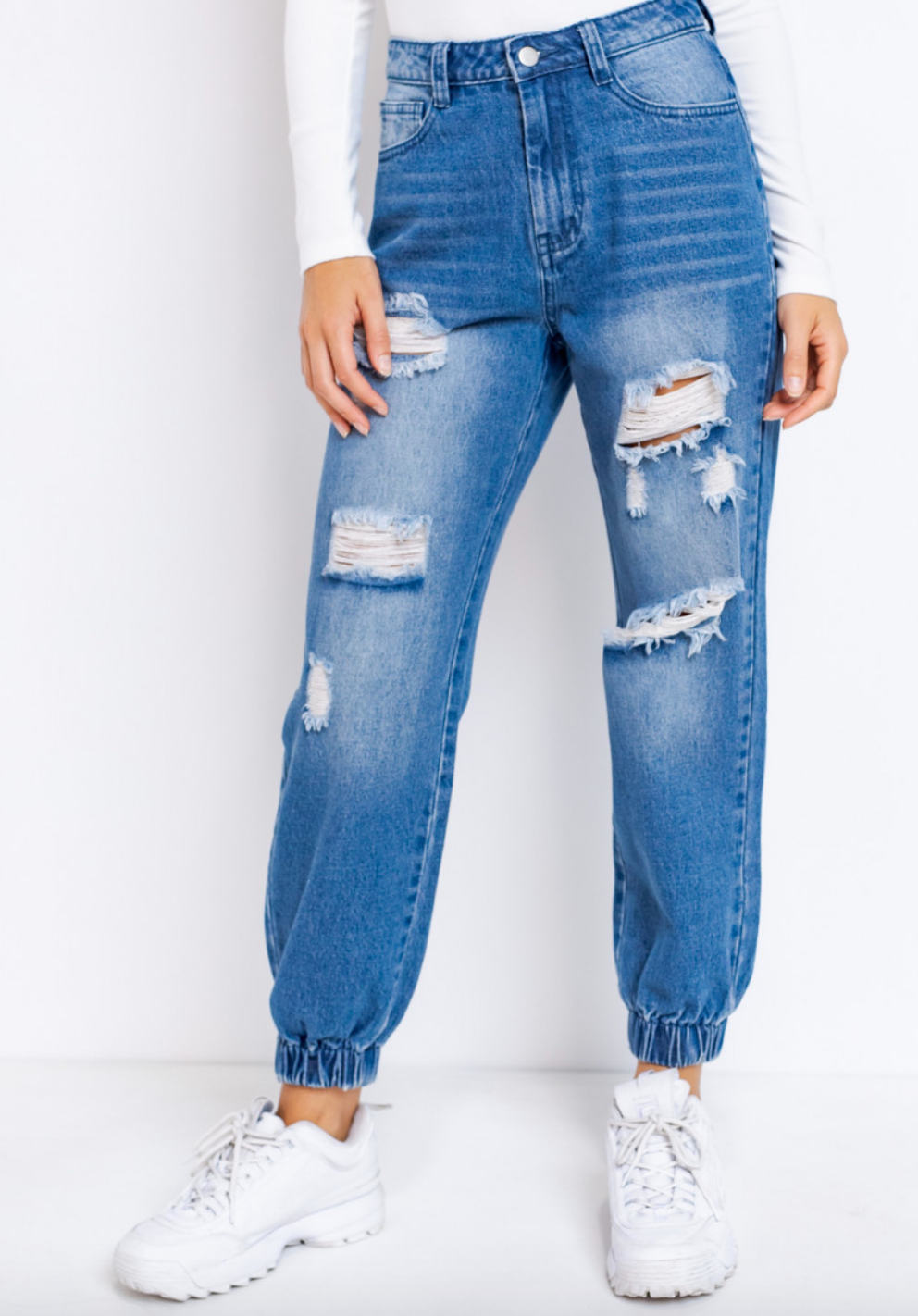 Distressed Denim Jogger Pants