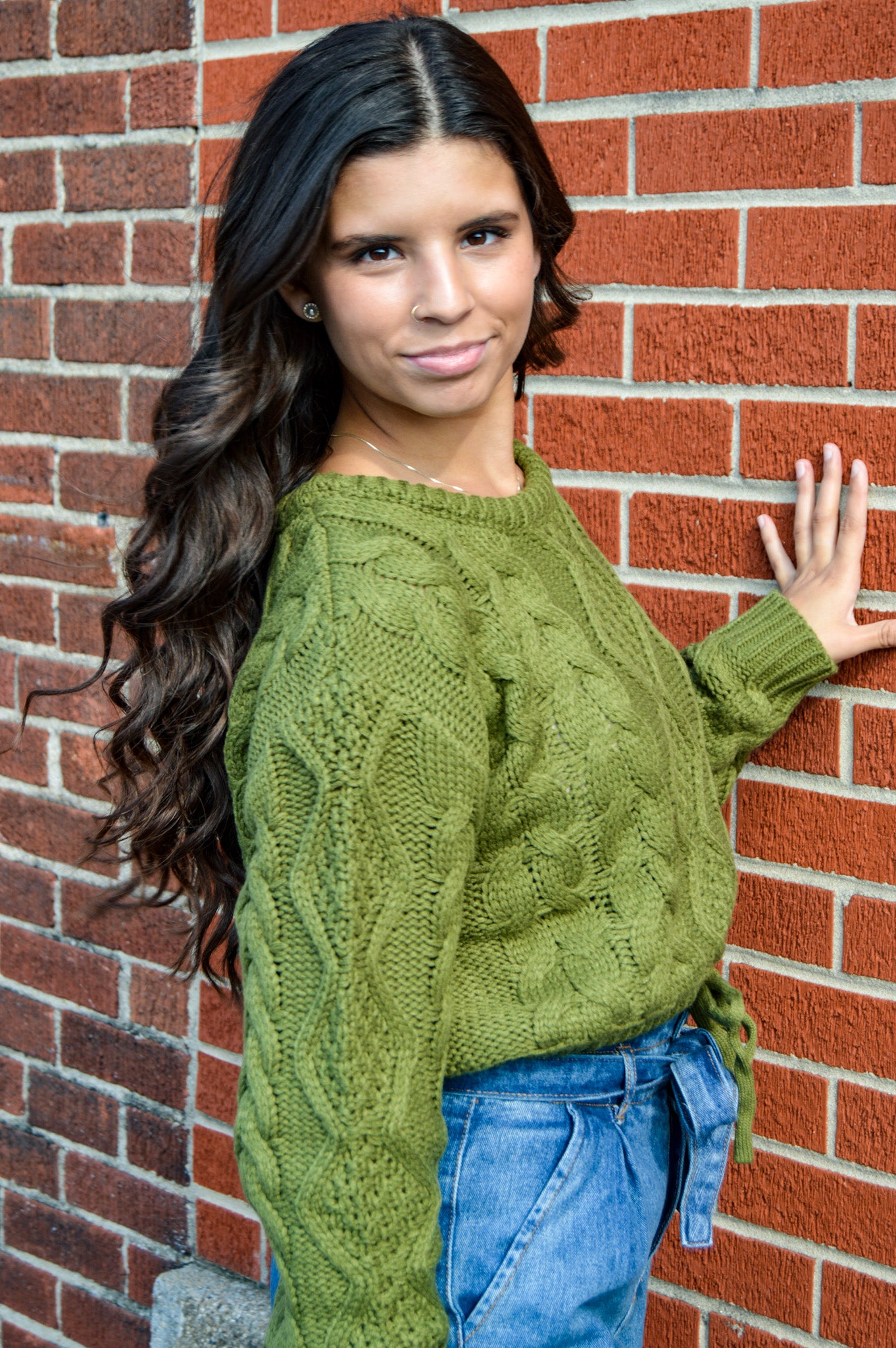 Olive Cable Knit Cropped Sweater