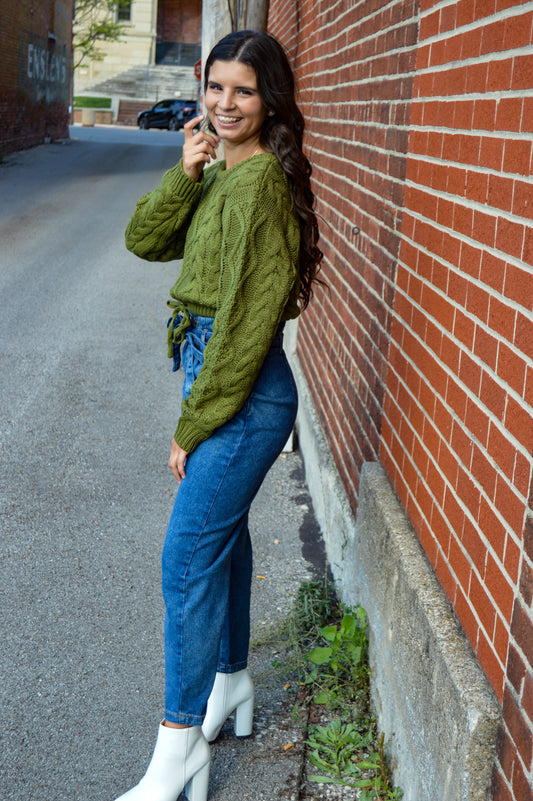 Olive Cable Knit Cropped Sweater