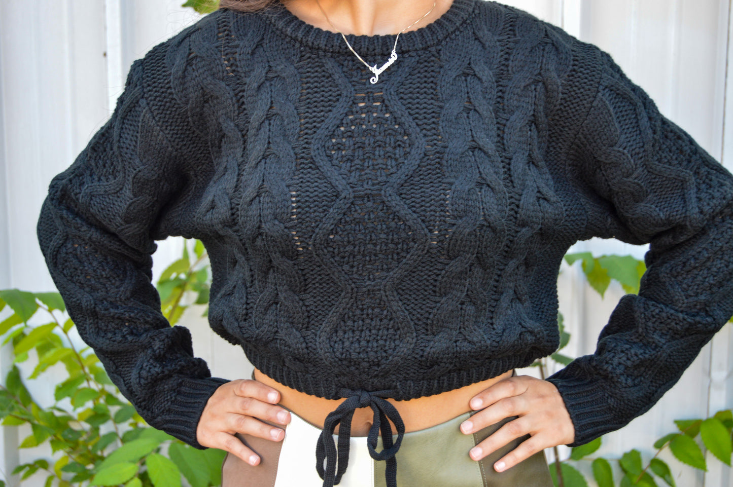 Black Cable Knit Cropped Sweater